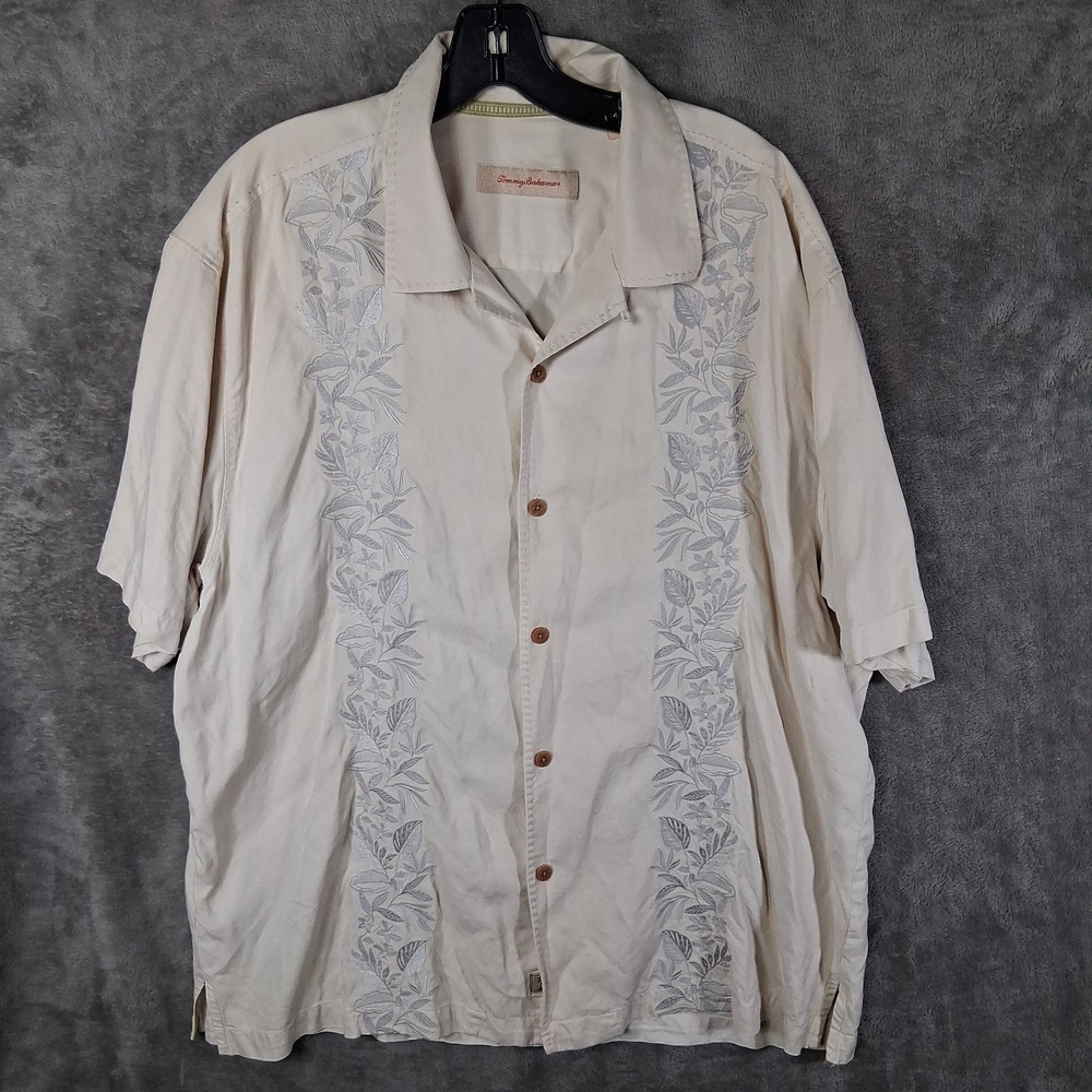 Tommy Bahama Short Sleeve Shirt Men Size XL Silk Floral Embroidered Off White